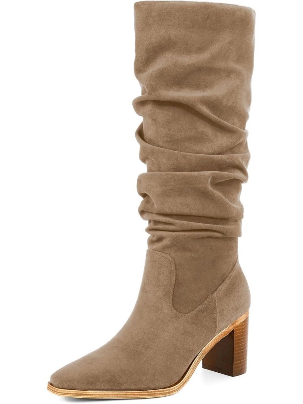 Women's Tan Suede Knee High Boots Chunky Heel Boots 2.95" Heel Square Toe Zipper